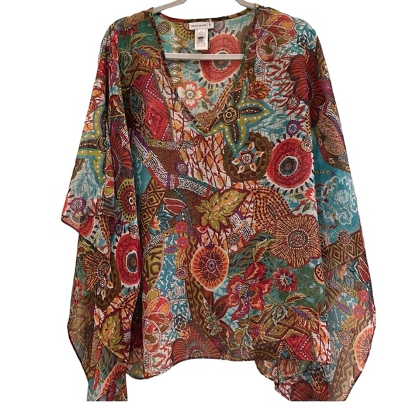 Susan Graver Batwing V-Neck Printed Scarf Top 2X (22-24) Multi-Color - Picture 1 of 9